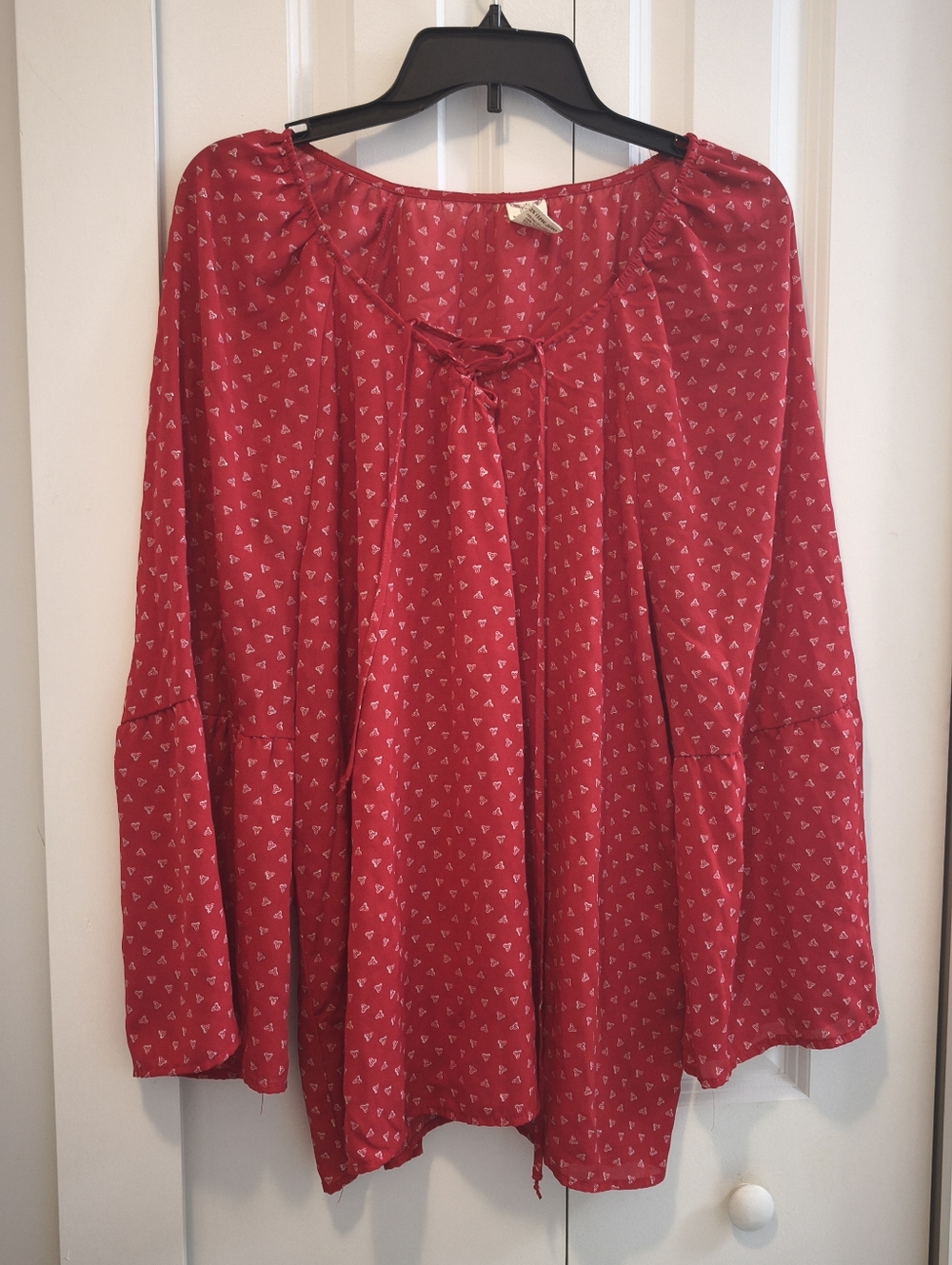 Plus Size Red Printed Peasant Tunic with Tie Neck